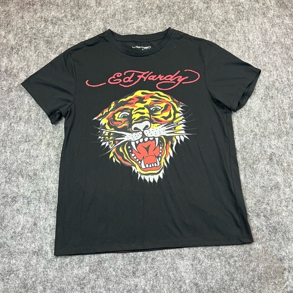 Ed Hardy Black Tiger Graphic T Shirt Y2K Retro Tee Men's Size Large